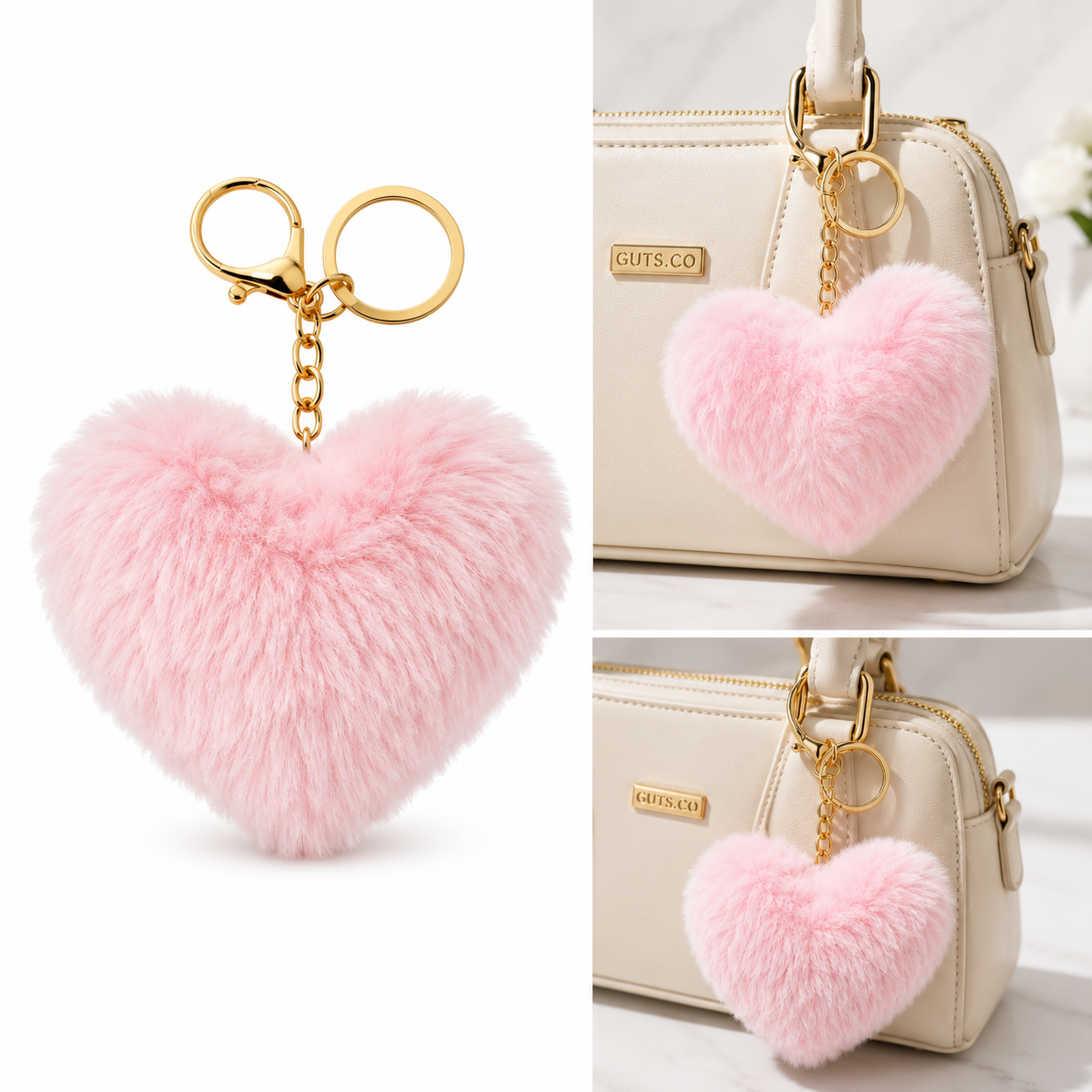 Fluffy Heart Bag Charm - Pink