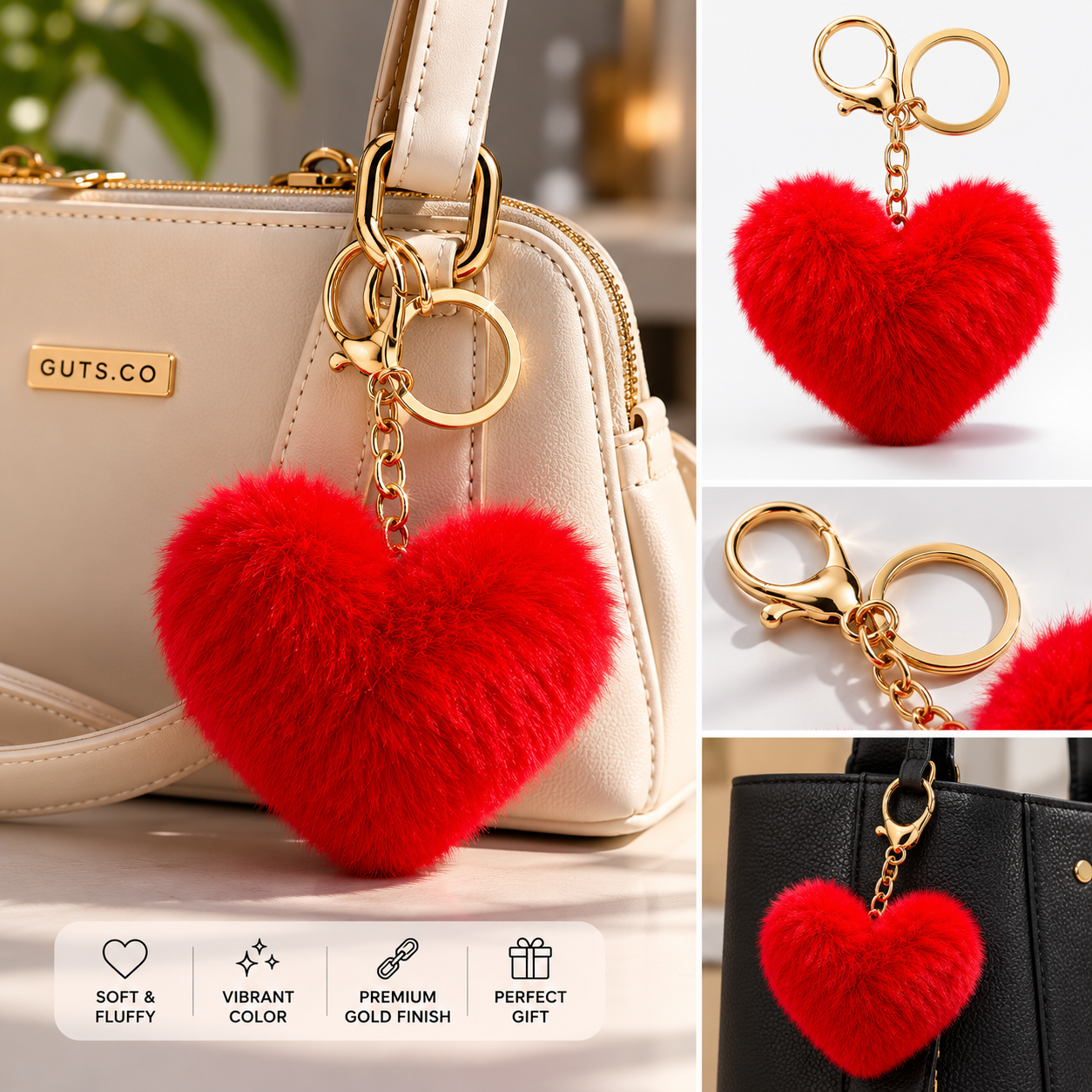 Fluffy Heart Bag Charm - Red