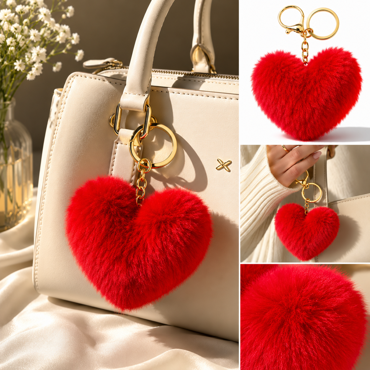Fluffy Heart Bag Charm - Red